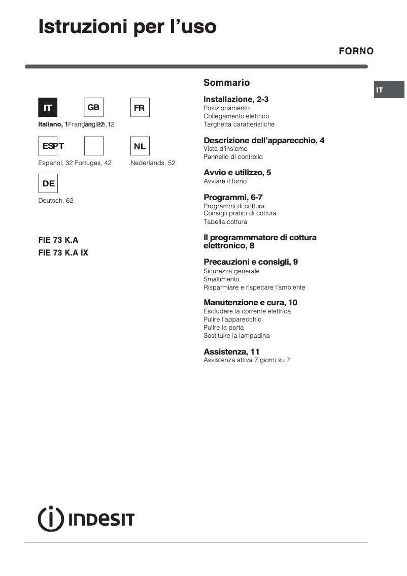 Page n°1 - Manuel utilisateur Indesit FIE 73 K.A IXá