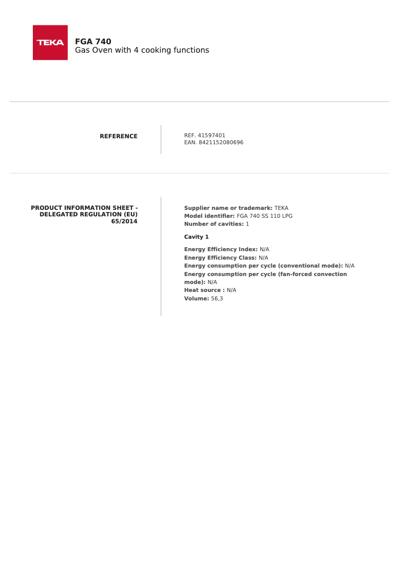 Page 1 de la notice Fiche technique Teka FGA 740
