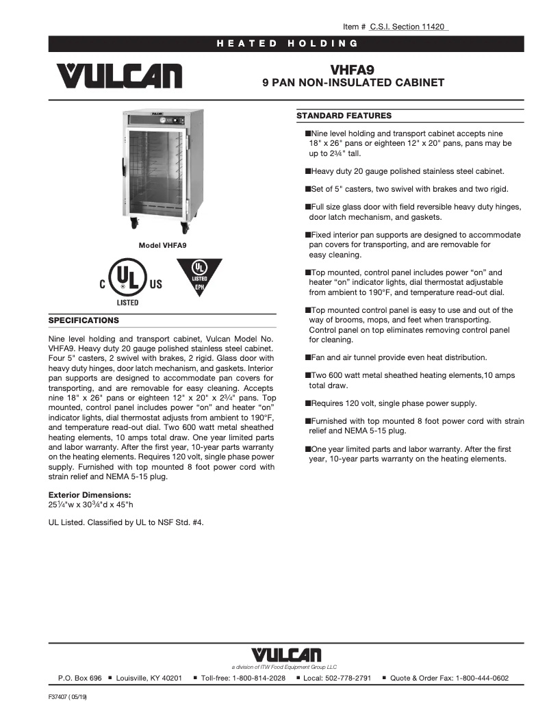 Page 1 de la notice Fiche technique Vulcan VHFA9