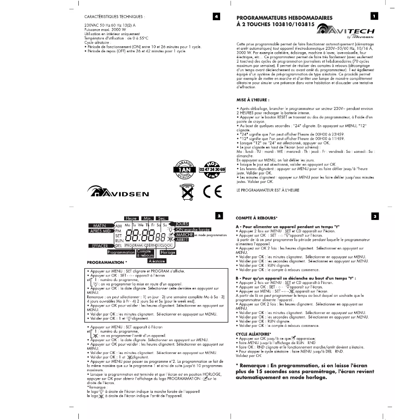 Page 1 de la notice Manuel utilisateur Avidsen 103810