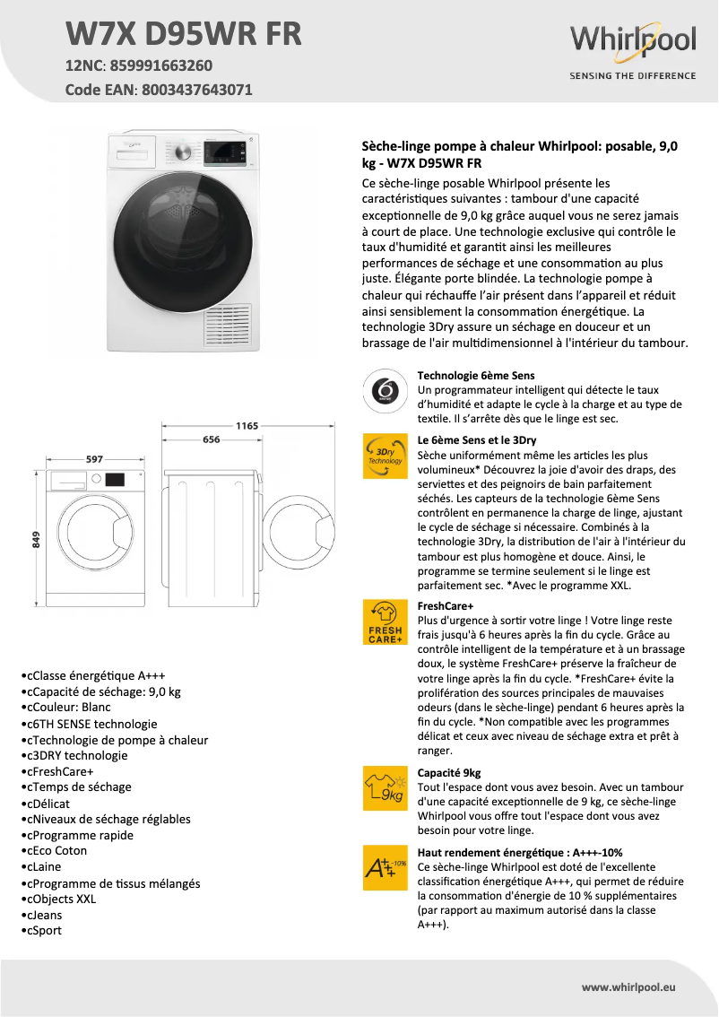Page n°1 - Fiche technique Whirlpool W7X D95WR FR
