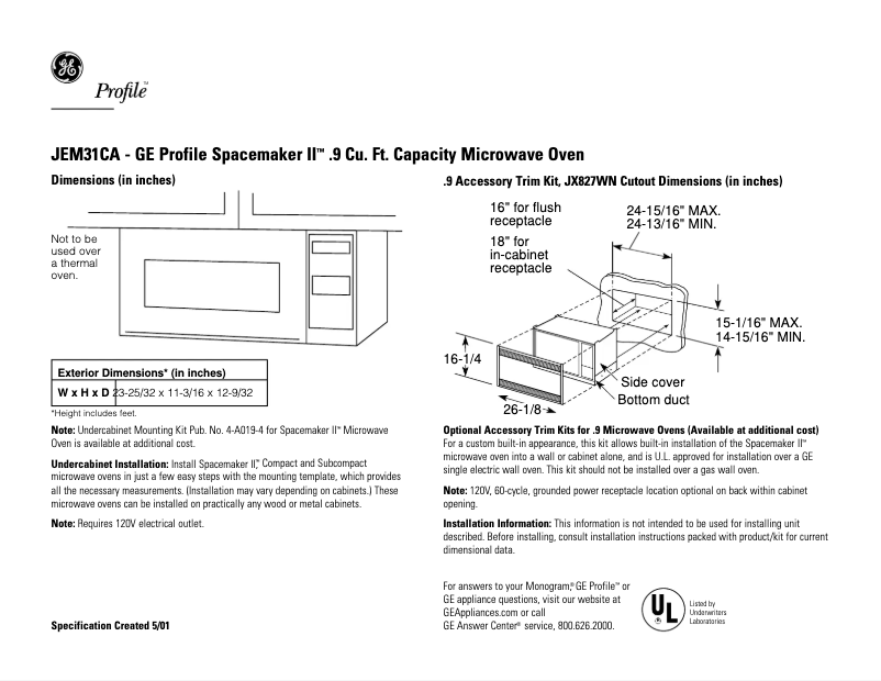 Page n°1 - Fiche technique GE JEM31CA