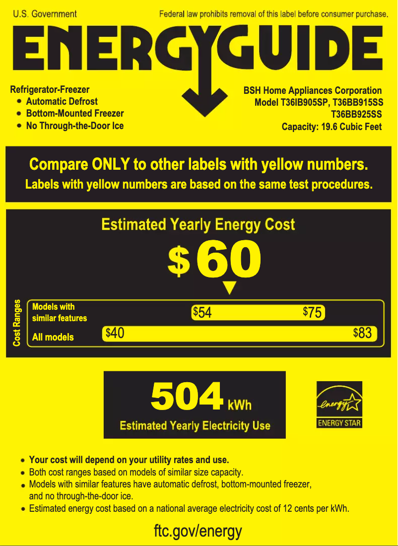 Page 1 de la notice Label énergétique Thermador T36BB925SS