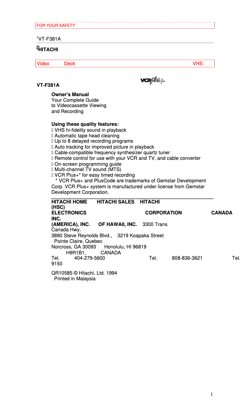 Page 1 de la notice Manuel utilisateur Hitachi VT-F381A