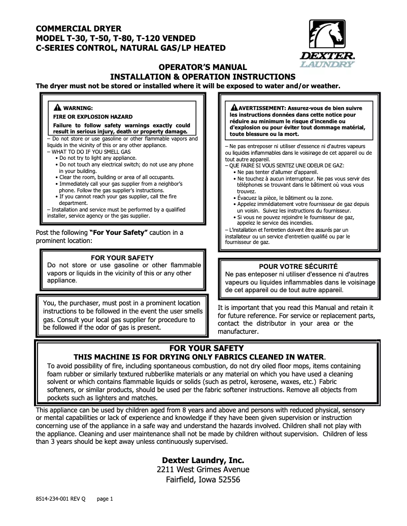 Page 1 de la notice Manuel utilisateur Dexter Laundry T-30