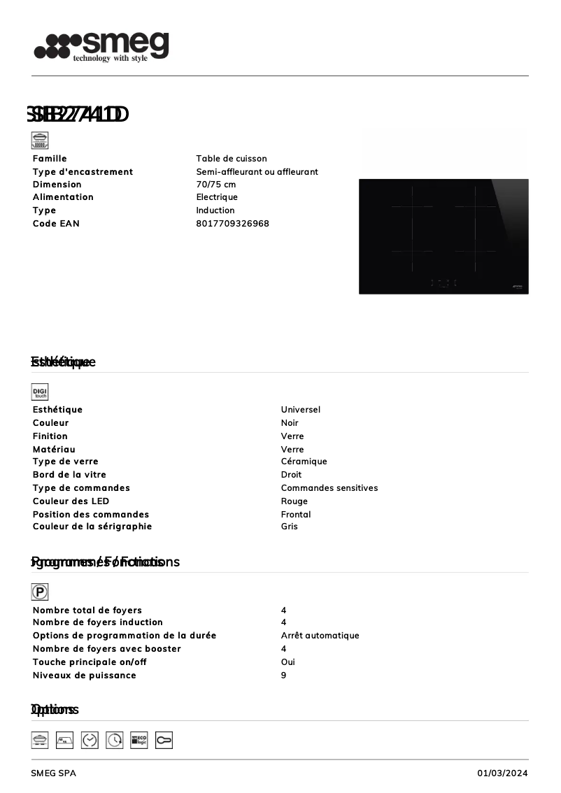 Page 1 de la notice Fiche technique Smeg SIB2741D