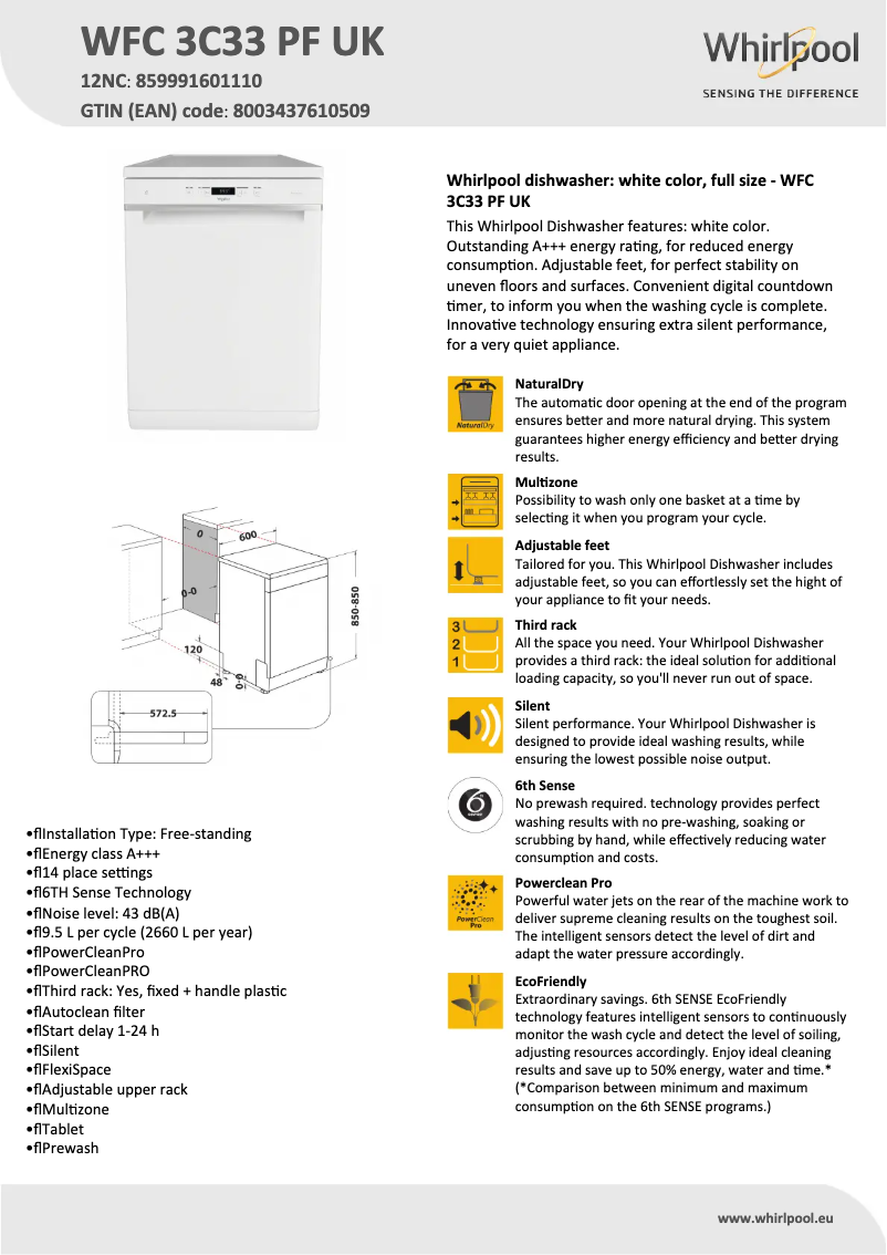 Page 1 de la notice Fiche technique Whirlpool WFC 3C33 PF UK