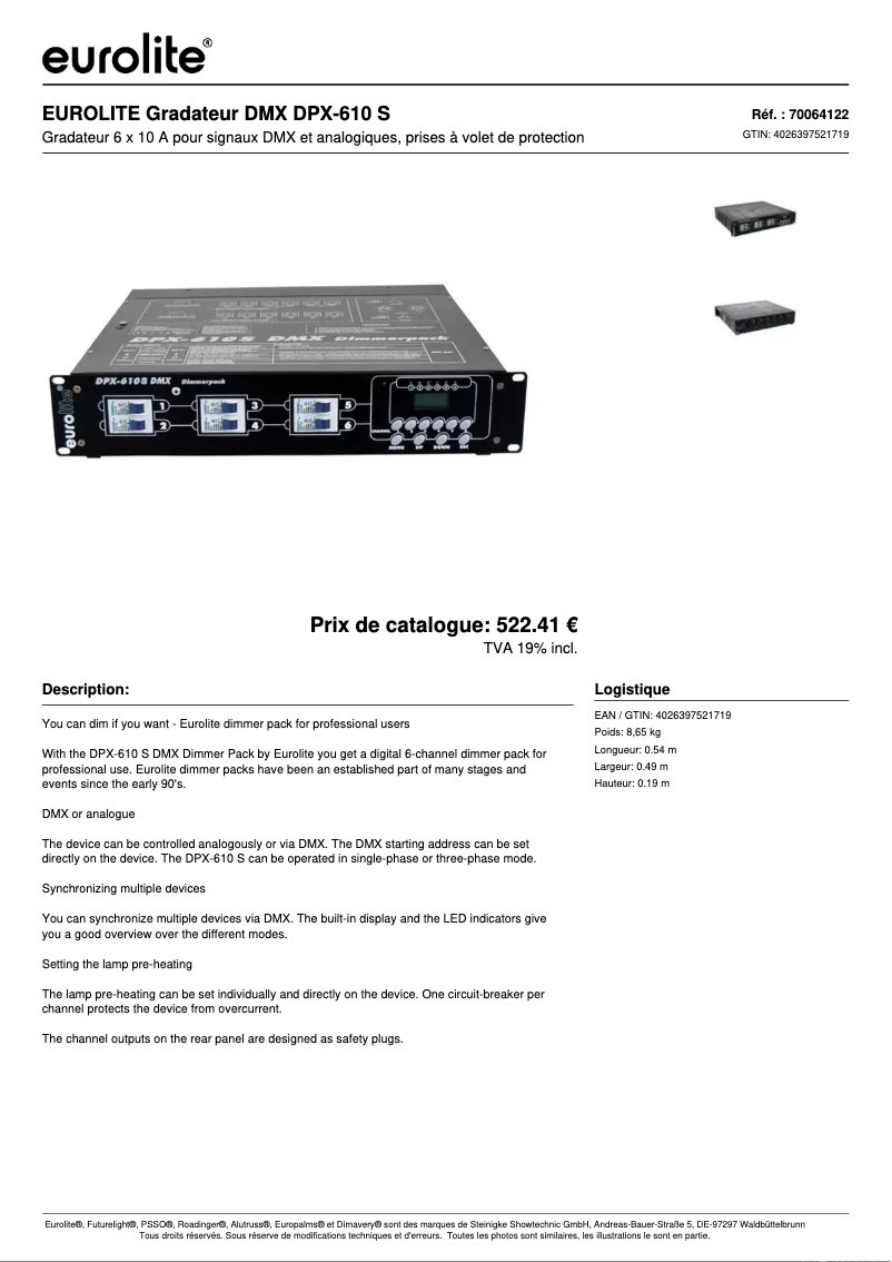 Page n°1 - Fiche technique Eurolite DPX-610 S