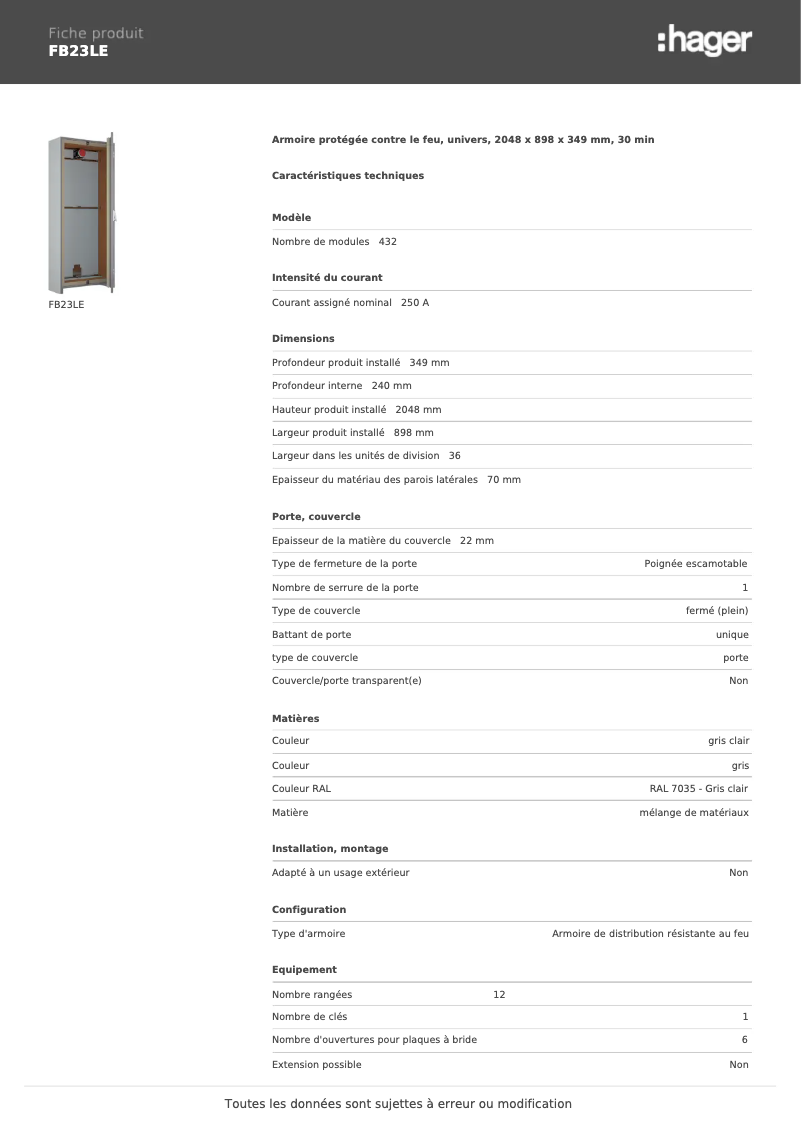 Page 1 de la notice Fiche technique Hager FB23LE