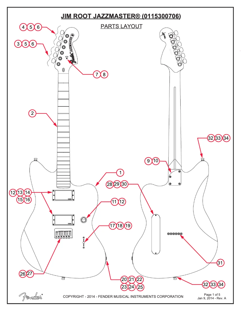 Page 1 de la notice Schéma de câblage Fender Jim Root Jazzmaster