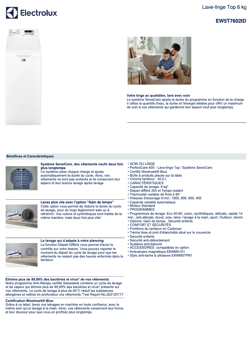 Page 1 de la notice Fiche technique Electrolux EW5T7602ID