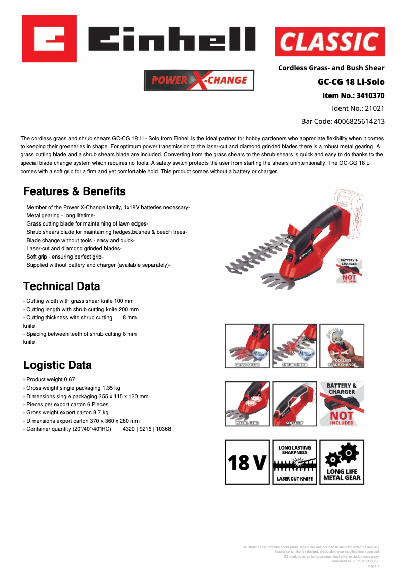 Page n°1 - Fiche technique Einhell GC-CG 18 Li