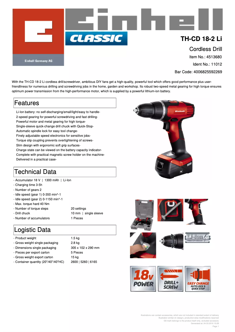 Page n°1 - Fiche technique Einhell TH-CD 18-2 LI