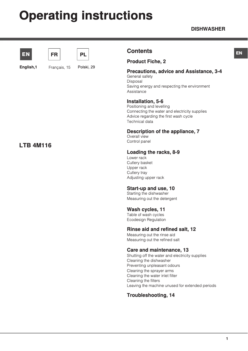 Page 1 de la notice Manuel utilisateur Hotpoint Ariston LTB 4M116 EU