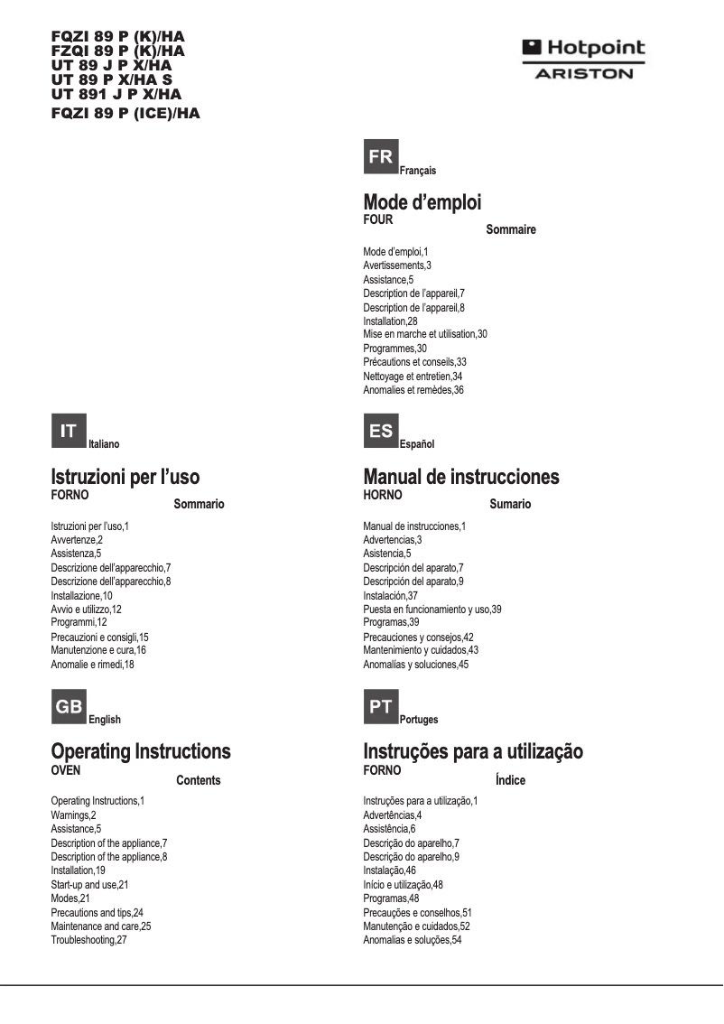 Page 1 de la notice Manuel utilisateur Hotpoint UT 89 J P X/HA