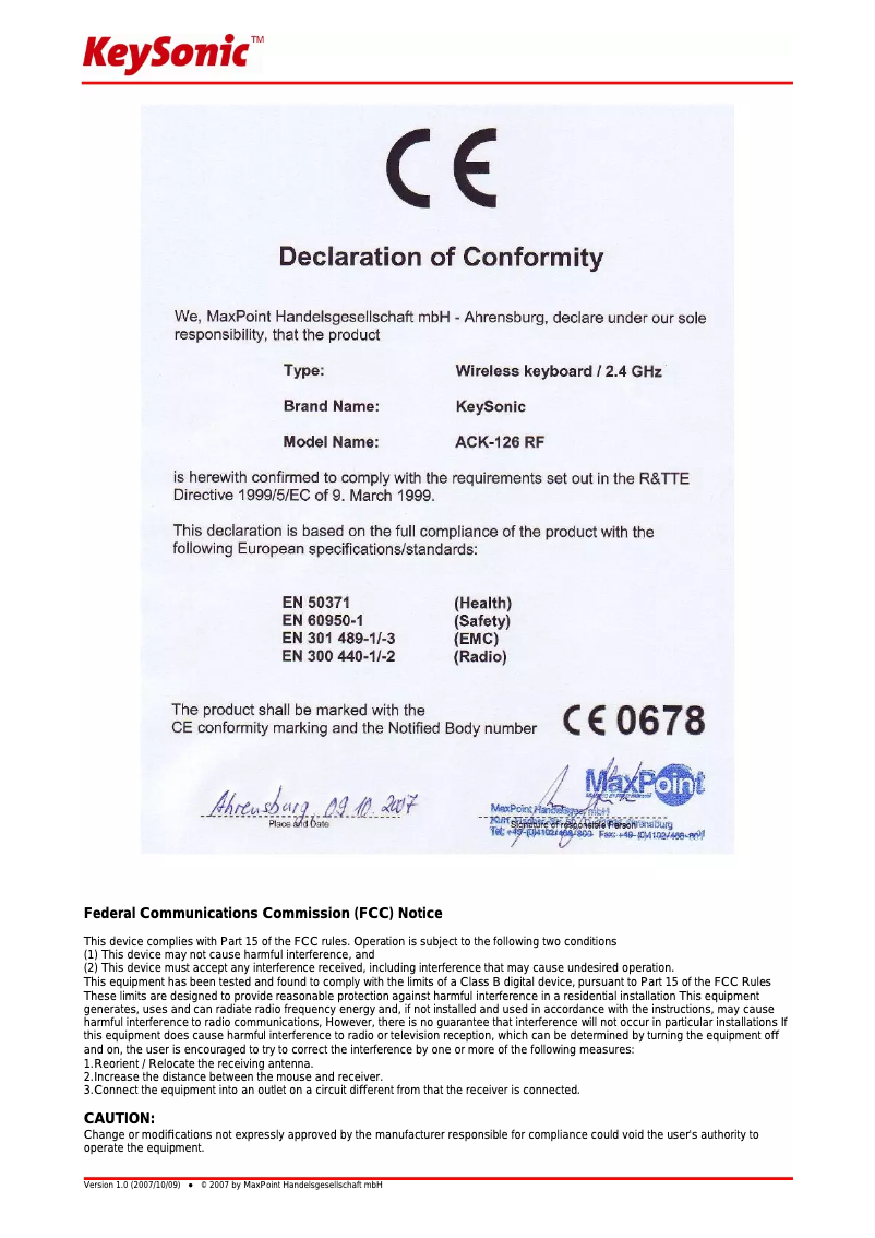 Image de la première page du manuel de l'appareil ACK-126RF
