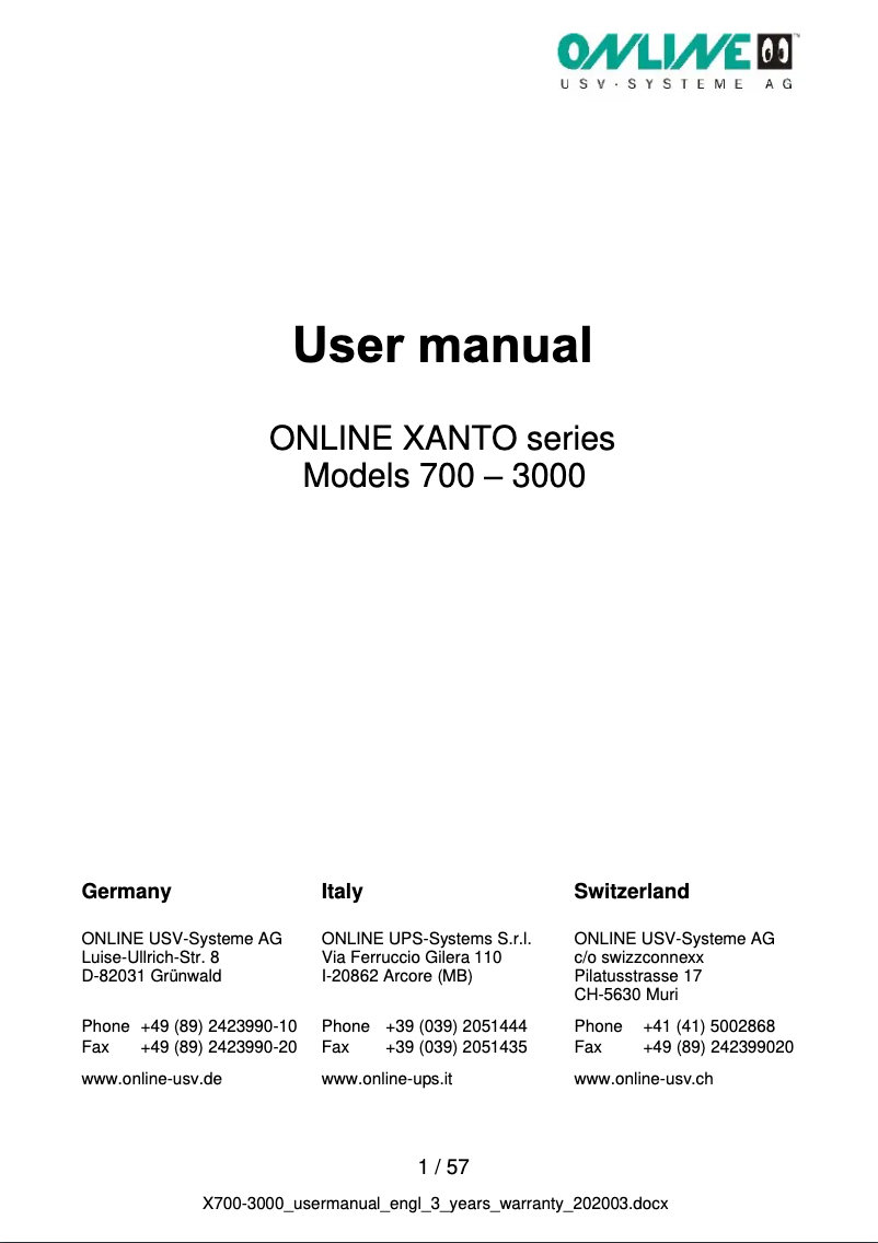 Page 1 de la notice Manuel utilisateur Online USV Xanto 700R