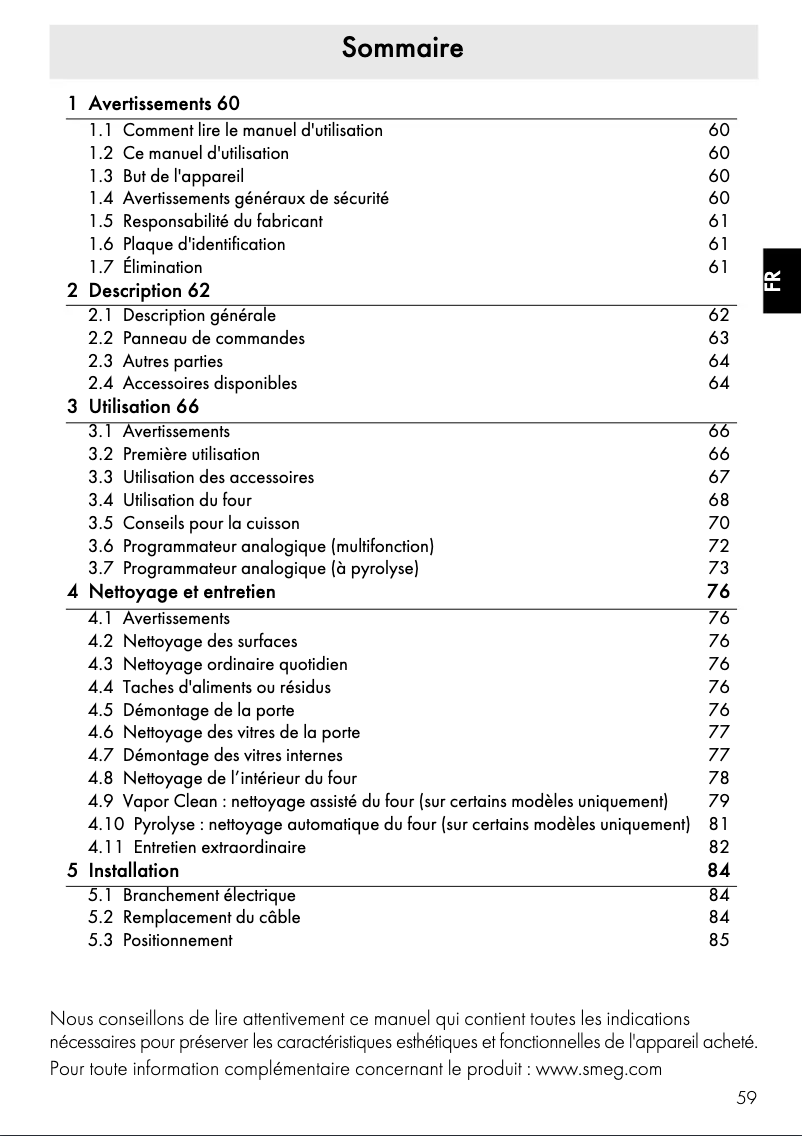 Page 1 de la notice Manuel utilisateur Smeg SFP750AX