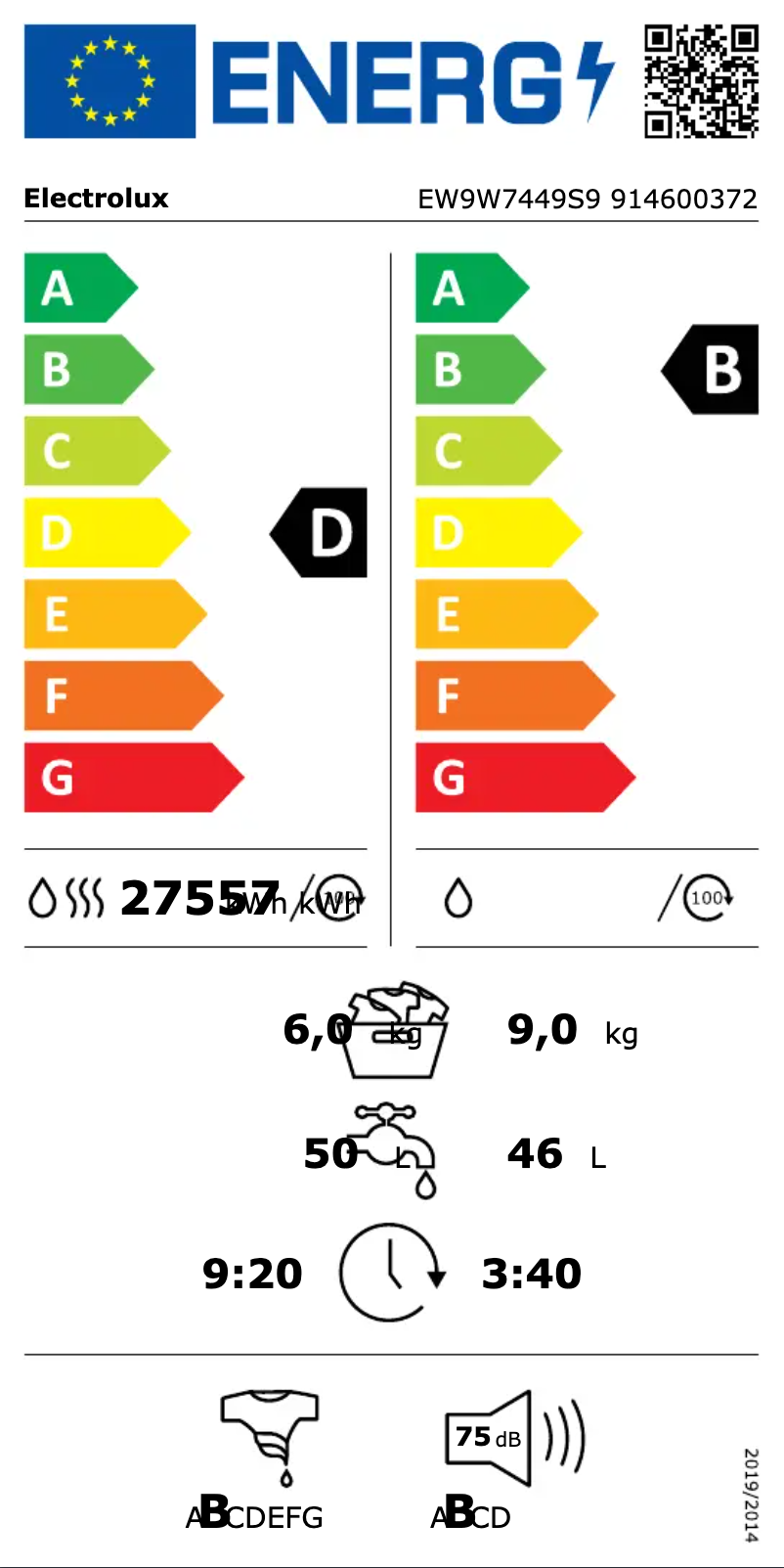 Page n°1 - Label énergétique Electrolux EW9W7449S9