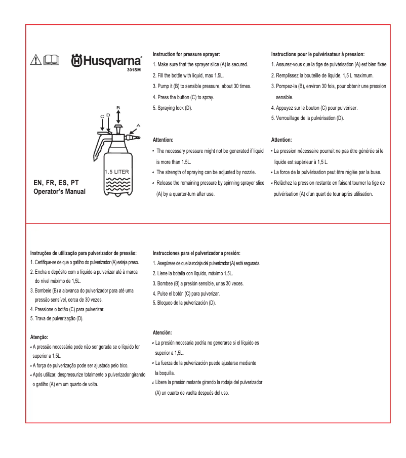 Page 1 de la notice Manuel utilisateur Husqvarna 301SM