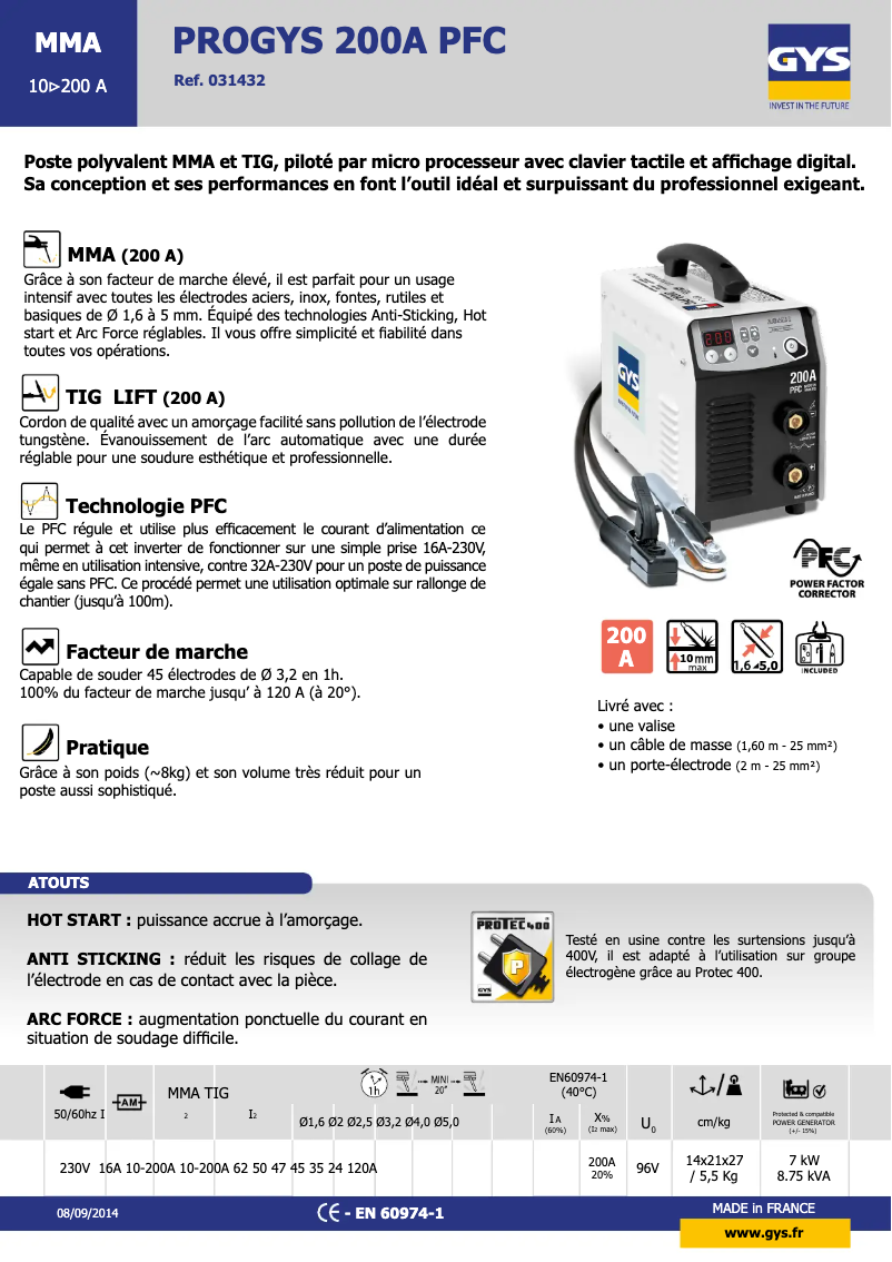 Page 1 de la notice Fiche technique GYS Progys 200A PFC