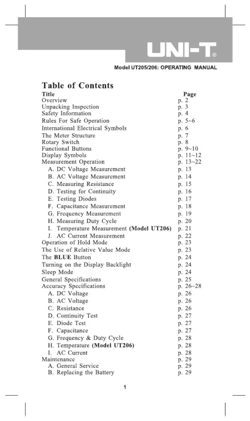 Page 1 of the manual User Manual Uni-T UT205
