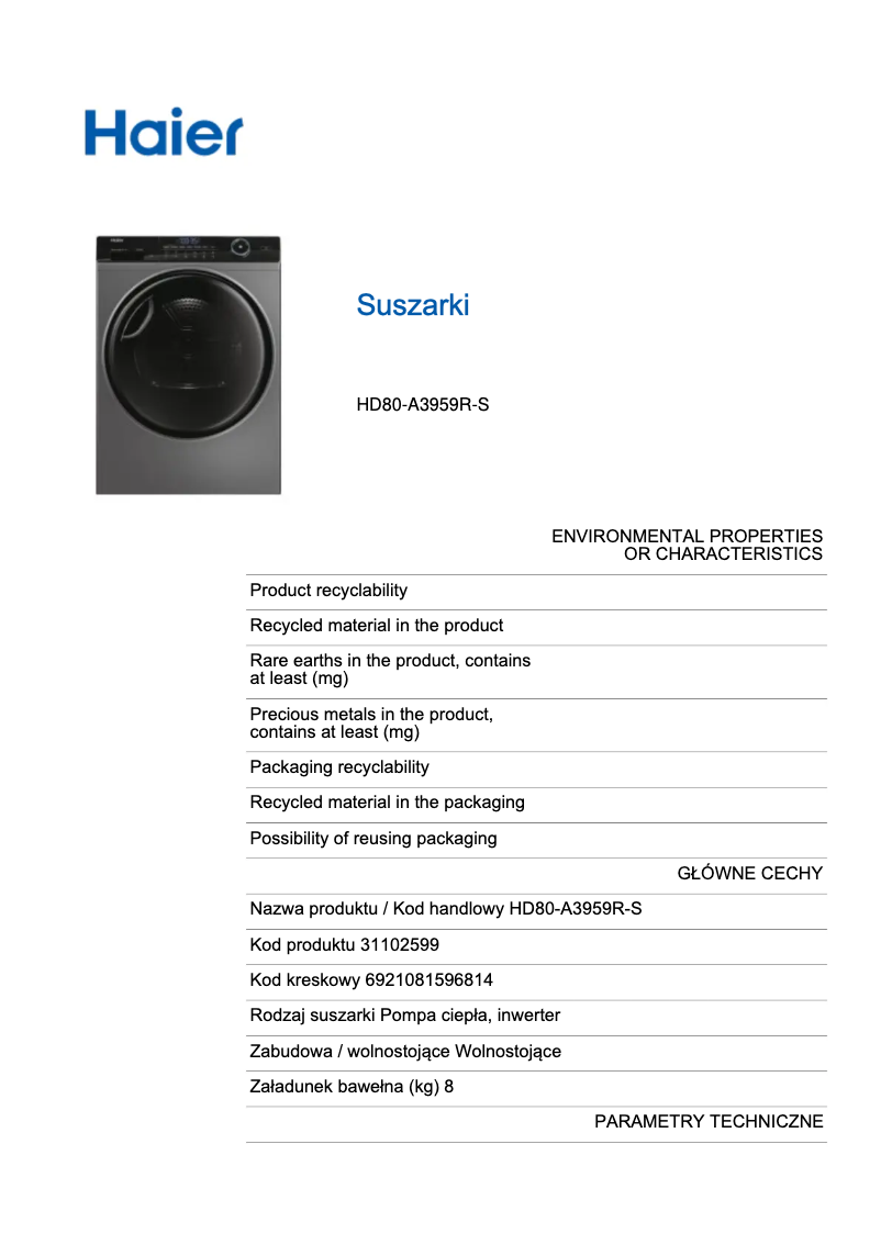 Page 1 de la notice Fiche technique Haier HD80-A3959S