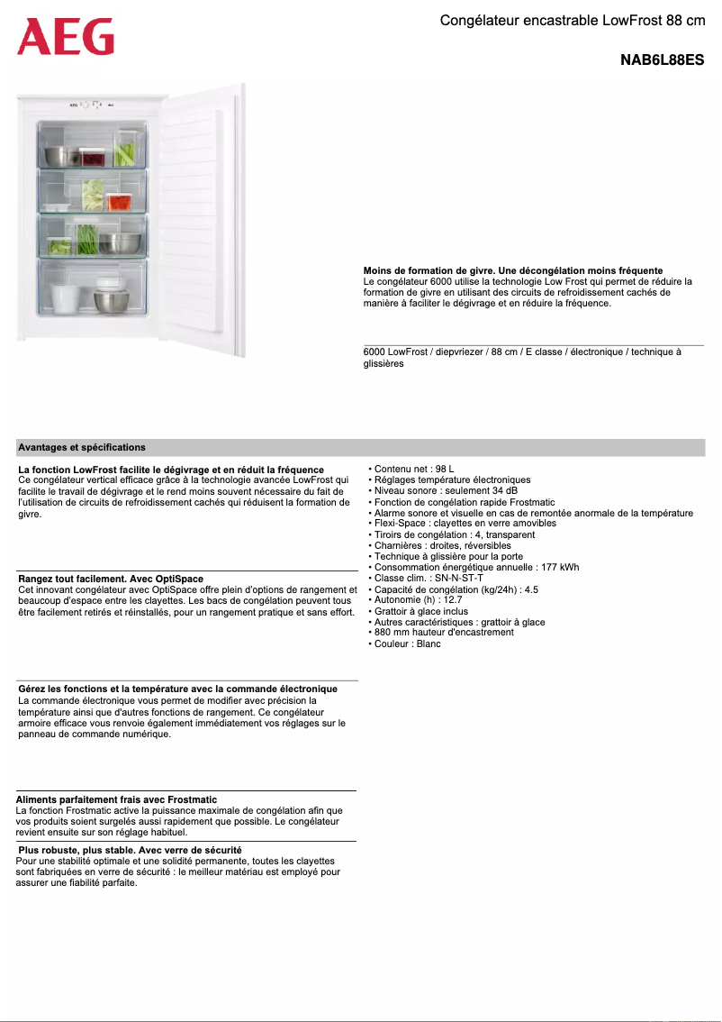 Page 1 de la notice Fiche technique AEG NAB6L88ES