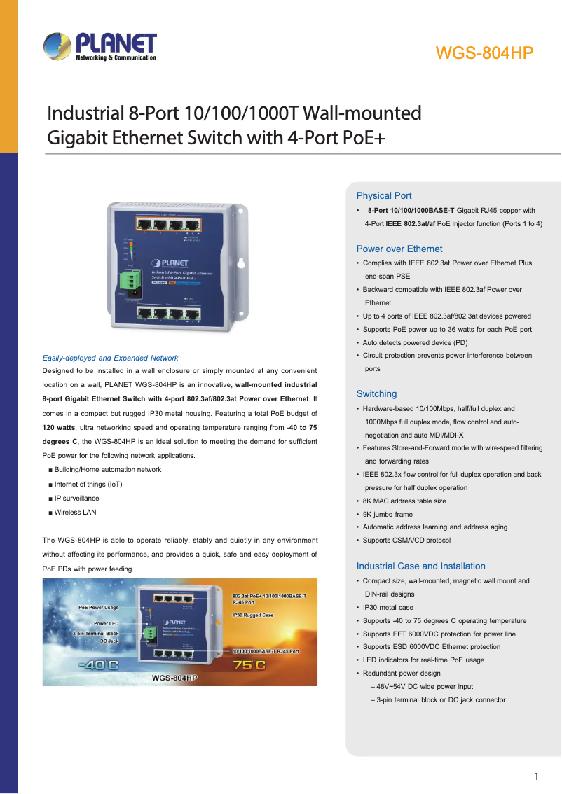 Page n°1 - Fiche technique Planet WGS-804HP