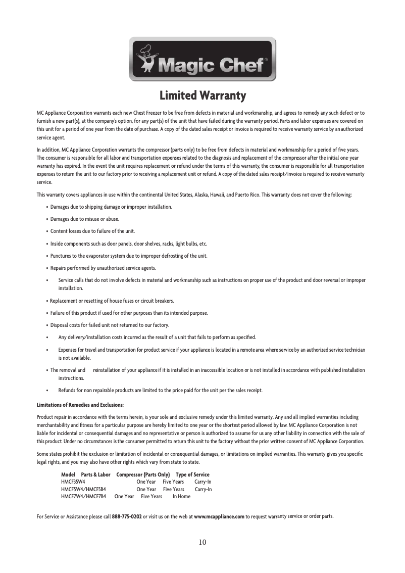 Página 1 del manual Información de garantía Magic Chef HMCF7W4