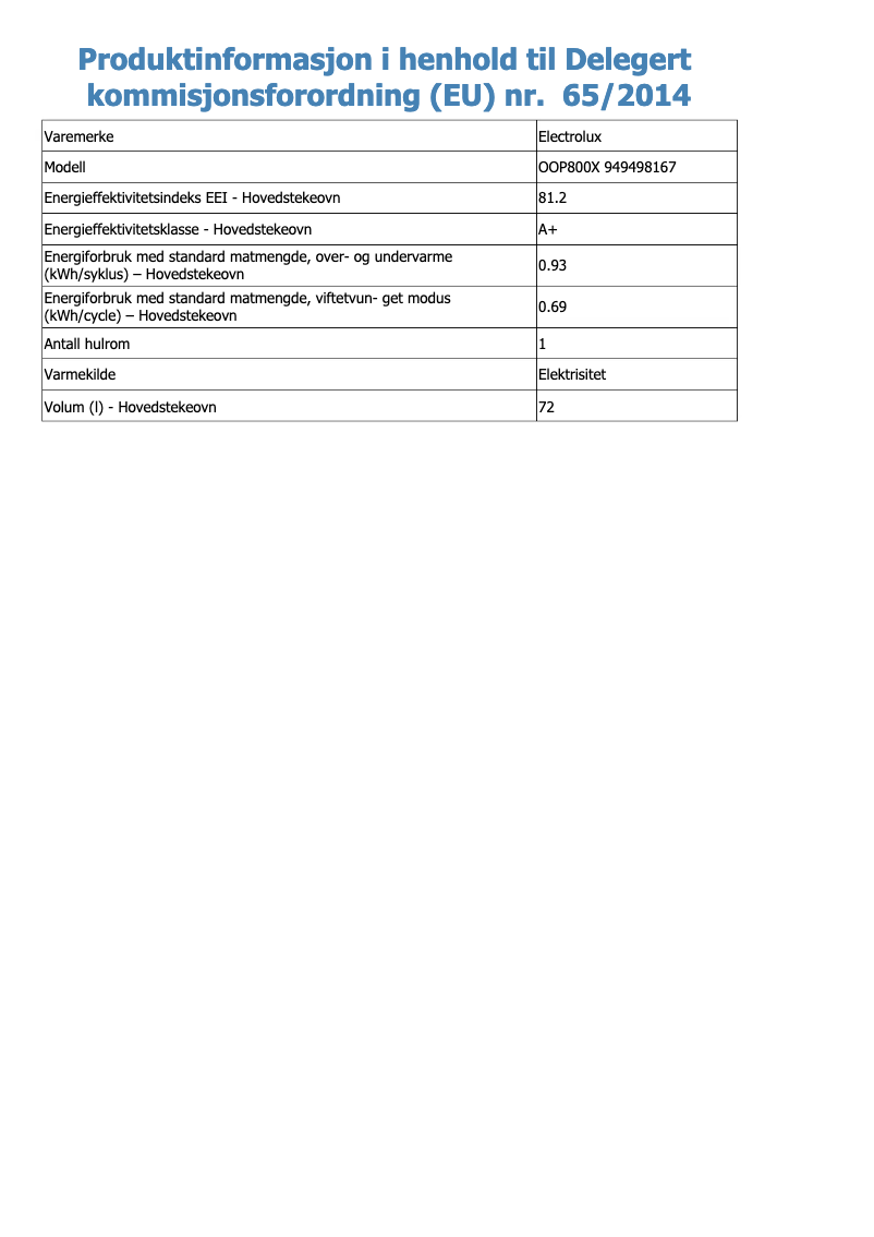 Page 1 de la notice Fiche technique Electrolux OOP800X
