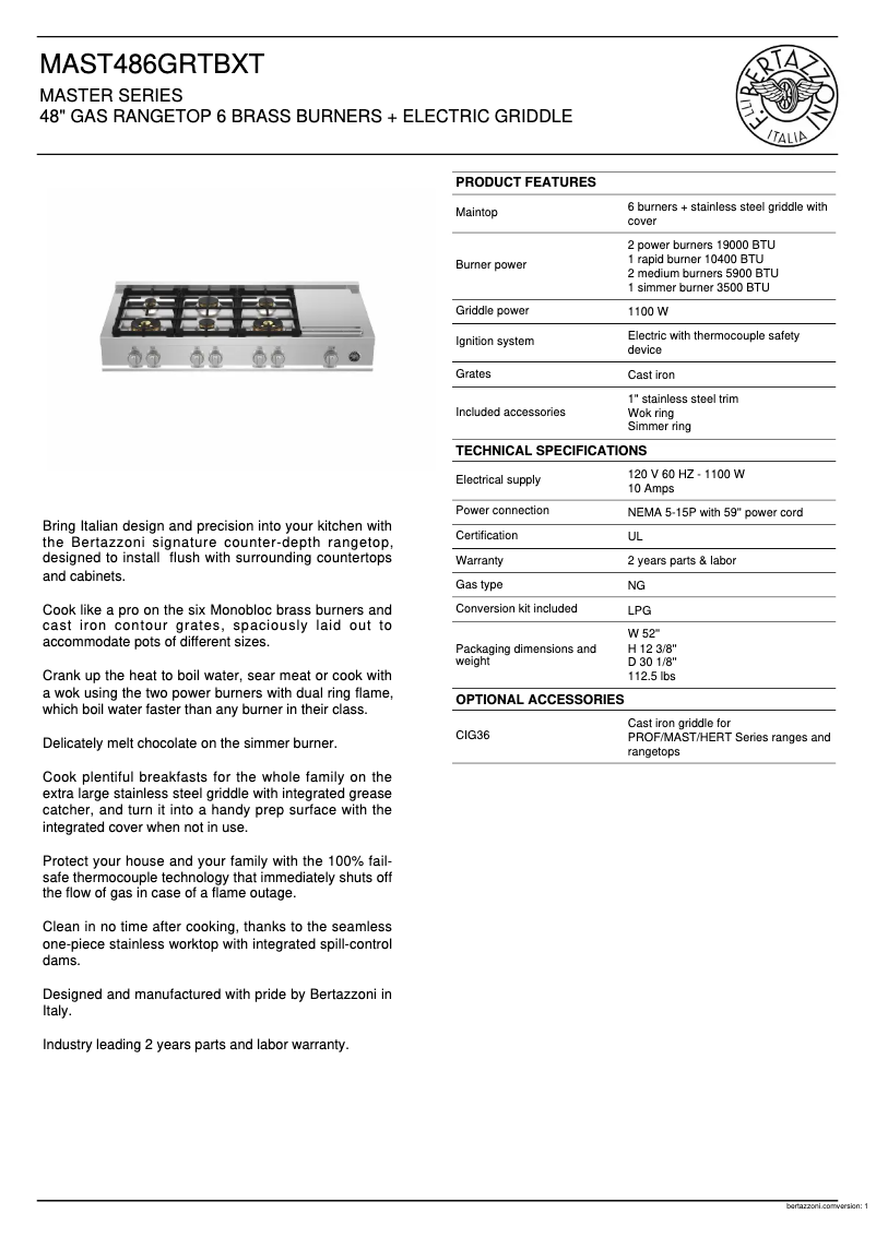 Page n°1 - Fiche technique Bertazzoni MAST486GRTBXT