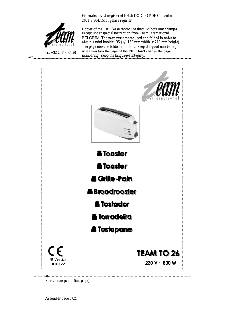 Image de la première page du manuel de l'appareil TO 26