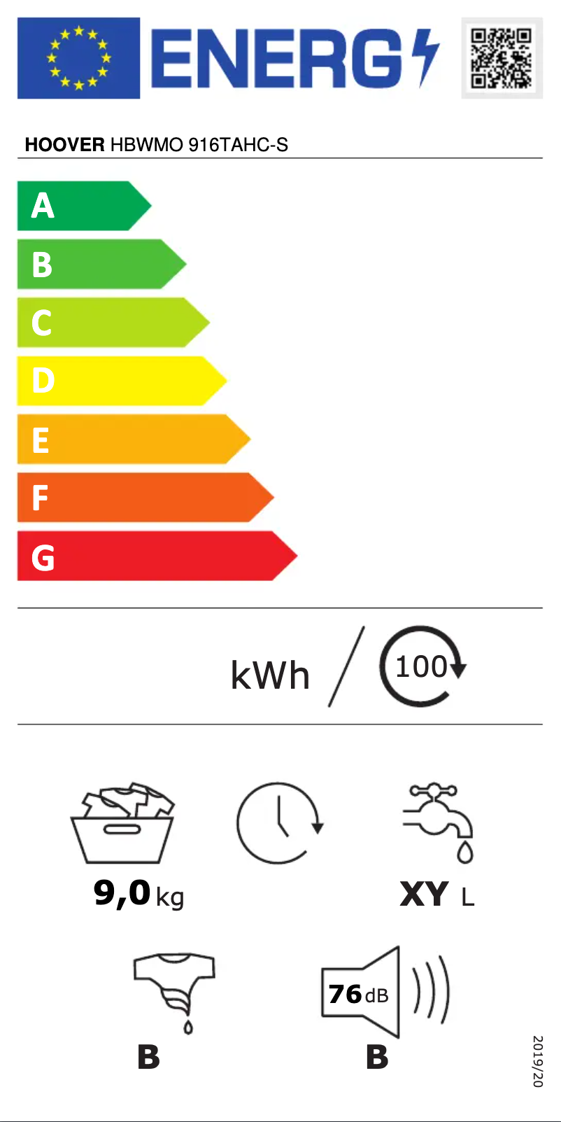 Page n°1 - Label énergétique Hoover H-WASH 300 HBWMO 916TAHC-S