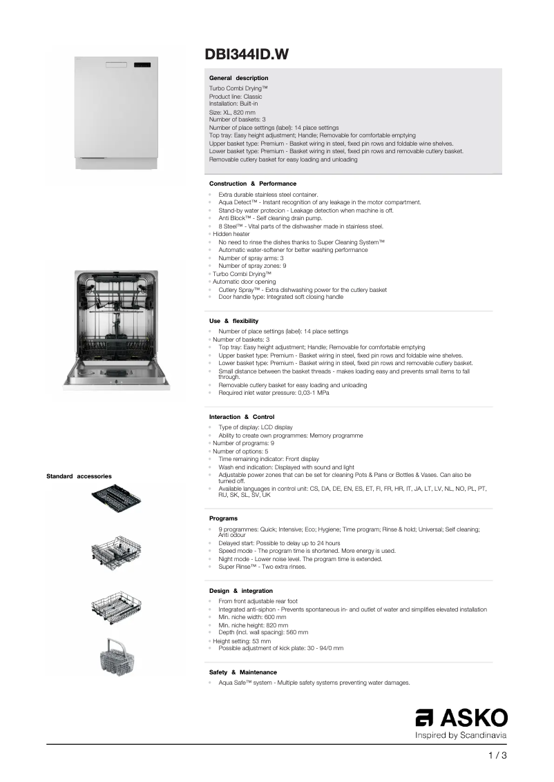 Page n°1 - Fiche technique Asko DBI344ID.W