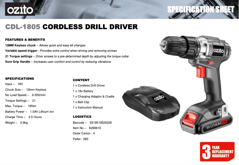 Page 1 of the manual Technical Sheet Ozito CDL-1805