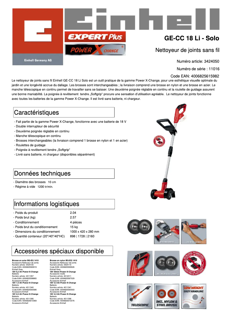 Page n°1 - Fiche technique Einhell GE-CC 18 Li