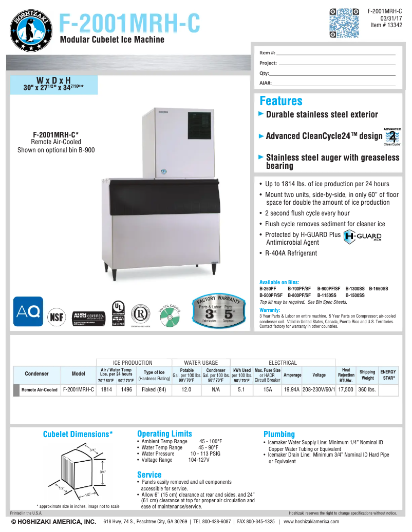 Page 1 de la notice Fiche technique Hoshizaki F-2001MRH-C