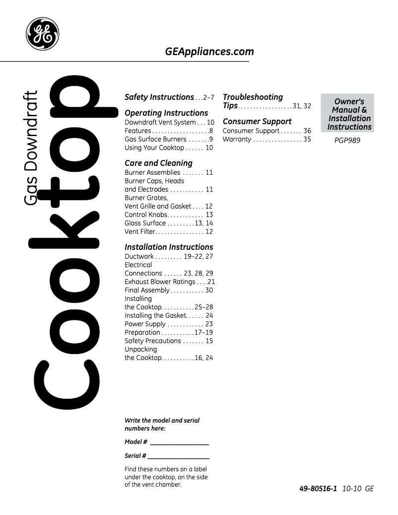 Page n°1 - Guide d'installation GE Profile PGP989DNBB