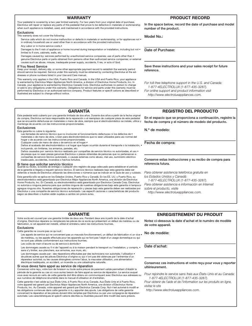 Page n°1 - Informations de garantie Electrolux EPWD257UTT