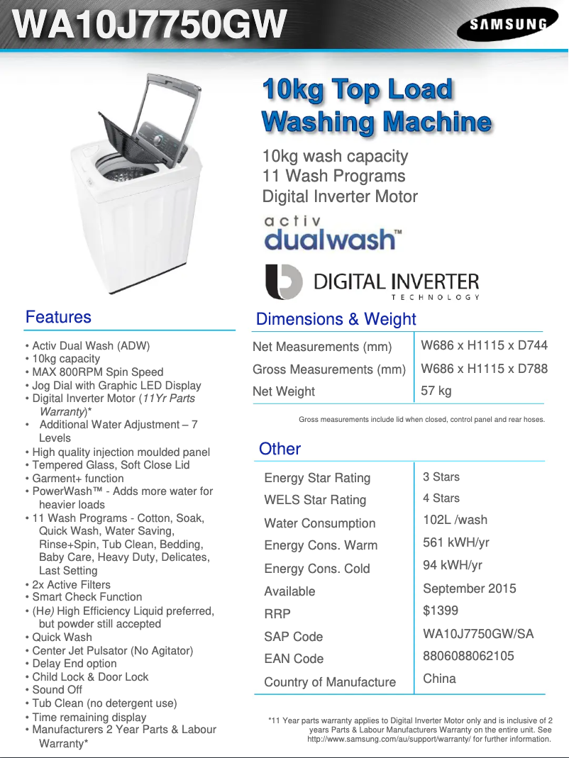 Page n°1 - Fiche technique Samsung WA10J7750GW