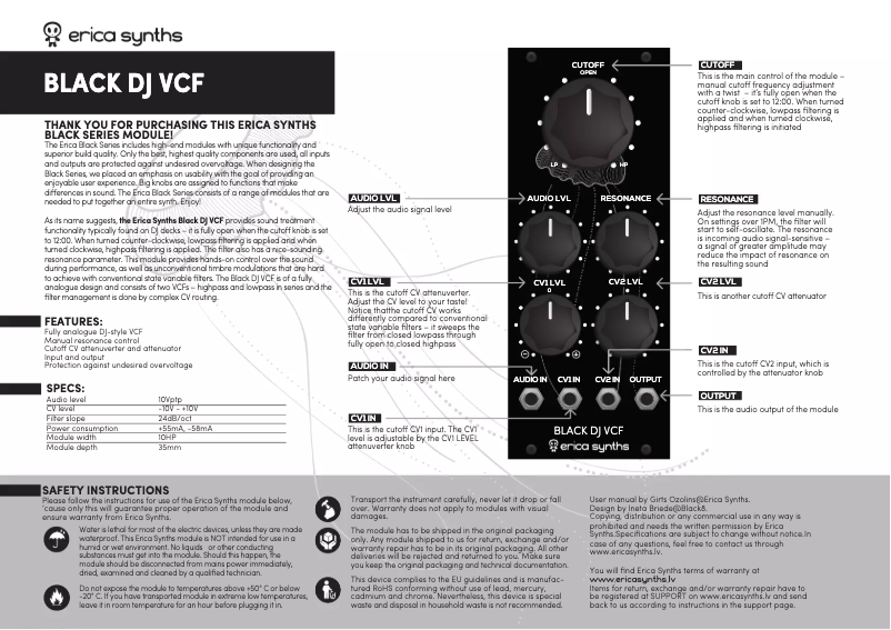 Page 1 de la notice Manuel utilisateur Erica Synths Black DJ VCF