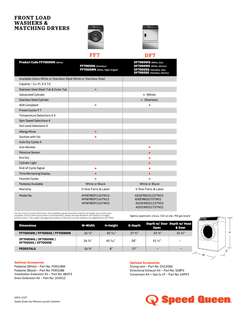 Page n°1 - Fiche technique Speed Queen DF7000SG