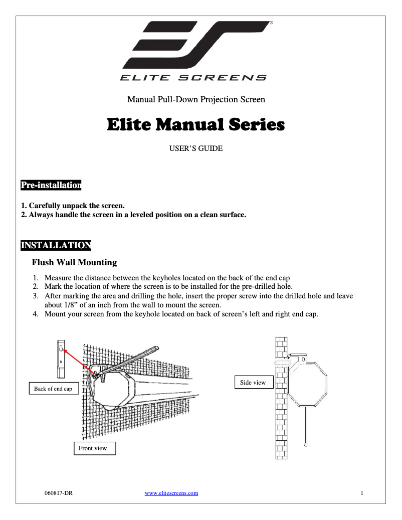 Page 1 of the manual User Manual Elite Screens Manual 139" M139UWX