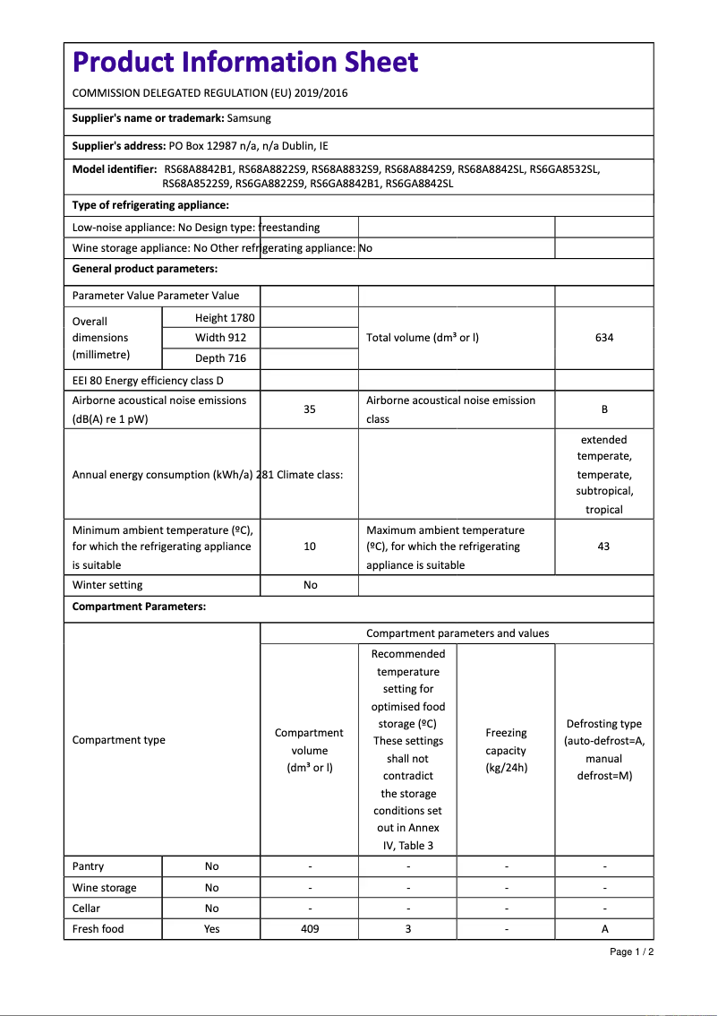 Page 1 de la notice Fiche technique Samsung RS68A8842SL