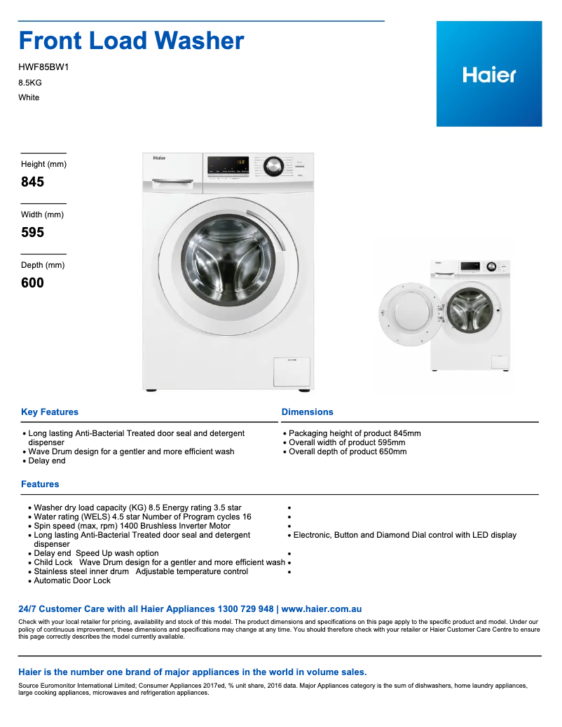Page 1 de la notice Fiche technique Haier HWF85BW1