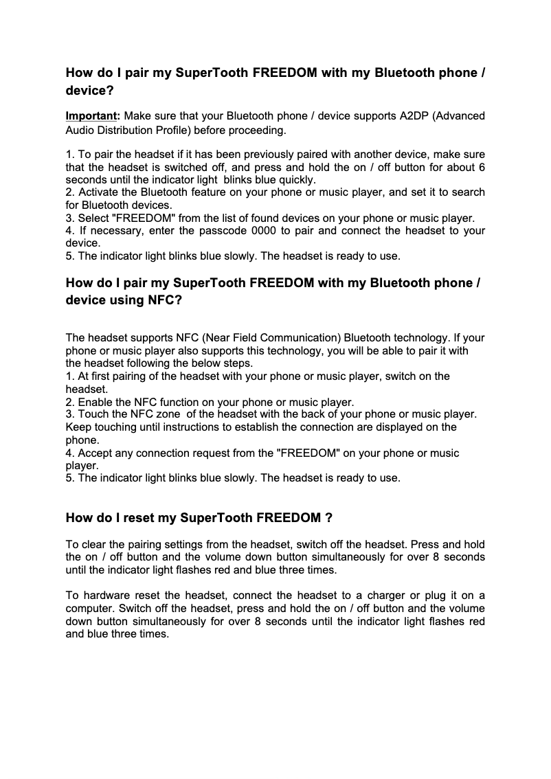 Page 1 de la notice FAQ SuperTooth Freedom