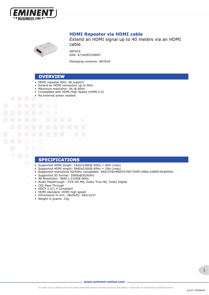 Page 1 de la notice Manuel utilisateur Eminent AB7818
