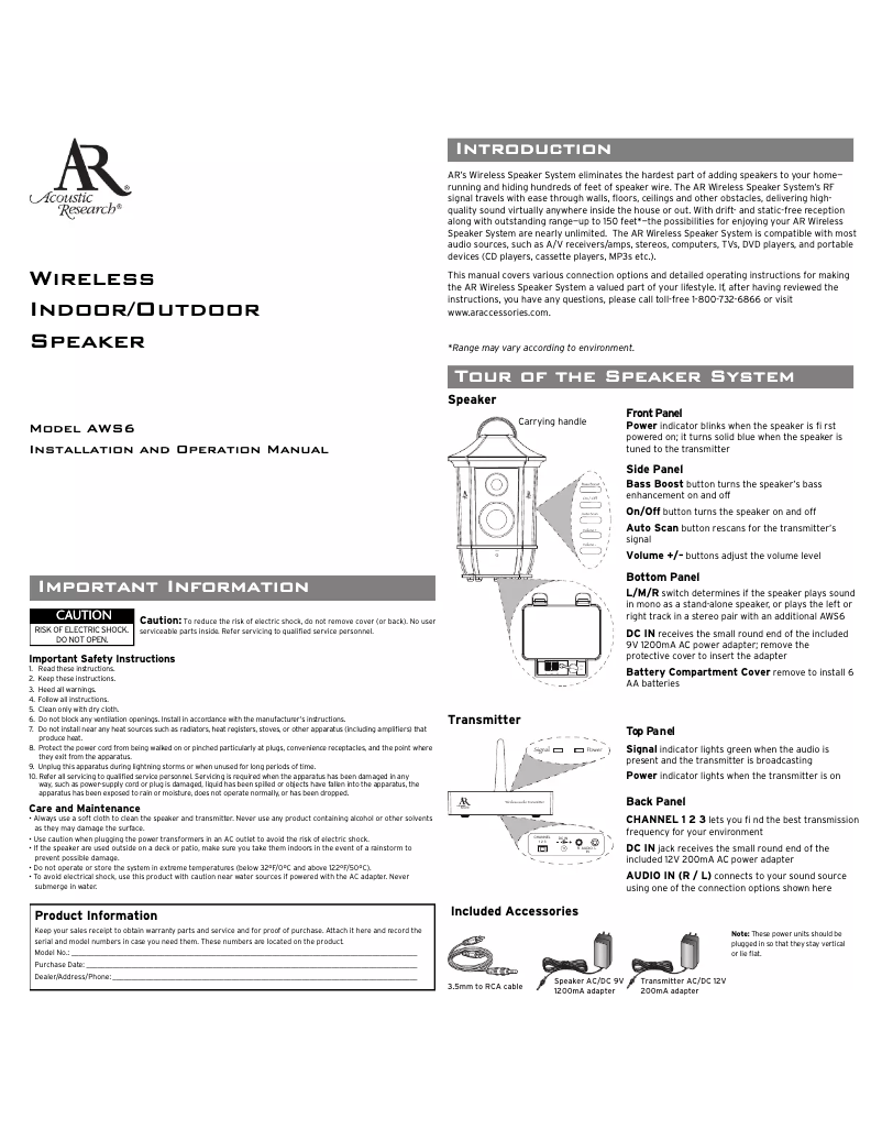 Page n°1 - Manuel utilisateur Acoustic Research AWS6