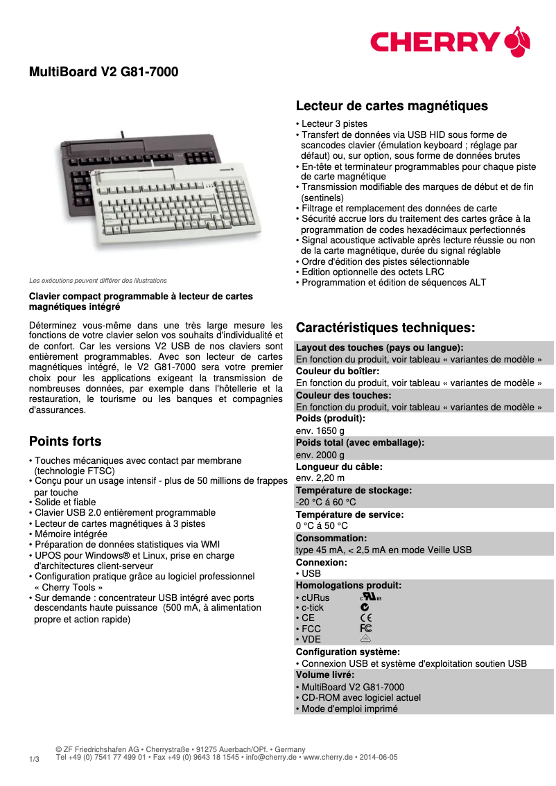 Page 1 de la notice Fiche technique Cherry MultiBoard V2 G81-7000